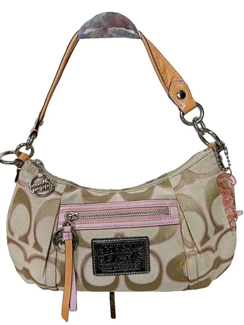 Coach Poppy Beige and Pink Signature Canvas Crossbody Purse Vintage